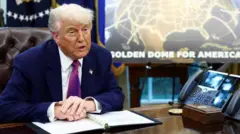 Donald Trump in the Oval Office in front of a Golden Dome poster