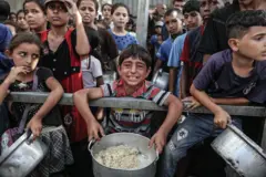 un niño pide comida en la franja de gaza 