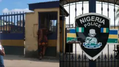 Aworan agọ ọlọpaa kan lapa ọtun pẹlu eeyan kan to duro lẹnu iloro rẹ, lapa osi aworan oke yii ni aworan idanimọ ọlọpaa ti wọn fi kọ ẹnu iloro agọ ọlọpaa kan wa lapa ọtun.