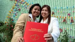 Pareja gay con su certificado de matrimonio. 