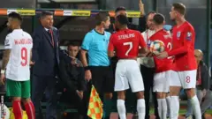 لاعبو المنتخب الإنجليزي وهم يغادرون الملعب أثناء إحدى مرتي توقف المباراة