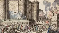 Illustration of citizens of Paris, headed by the National Guards, storming the Bastille prison on 14 July 1789