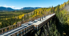 멋진 풍경을 배경으로 자전거 탄 3명이 다리를 지나는 모습