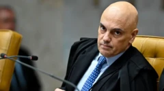 Alexandre de Moraes usando toga dentro do STF com a cabeça inclinada.
