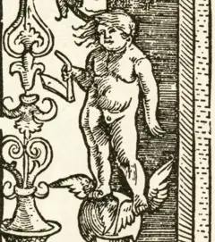 Kairós na capa de Humanitas, obra de Urs Graf, 1513. Gravura que o mostra sobre um globo, com asas nos pés, segurando uma navalha, com o cabelo esvoaçando para a frente e nu.