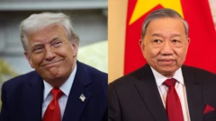 Ảnh ghép: ông Trump mặc áo vest màu xanh đen, thắt cà vạt đỏ (bên trái) và ông Tô Lâm mặc áo vest đen, thắt cà vạt đỏ chấm bi (bên phải)