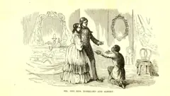 Ilustração mostra homem negro ajoelhado diante de casal branco dentro de quarto