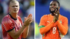 Norway No. 09 Erling Braut Haaland for Foxborough on June 26, 2026 (L); and Ivory Coast's No. 08 Franck Kessie