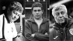 Lucescu'nun biri genç diğeri daha ileri yaşlarda üç siyah beyaz fotoğrafı yan yana.