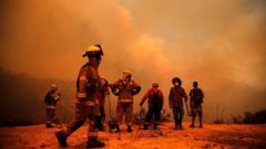 Bomberos trabajando para apagar el incendio forestal en las colinas de la comuna de Quilpue, región de Valparaíso, Chile, el 3 de febrero de 2024.