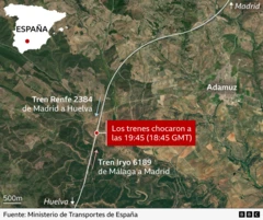 Mapa de la zona en la que se produjo el accidente, mostrando la ruta de cada uno de los trenes que chocaron.
