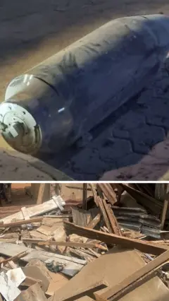 A collage of part of missile and damaged building