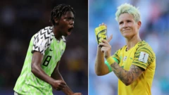 Nigeria forward Asisat Oshoala and South Africa defender Janine Van Wyk