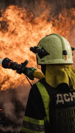 Рятувальник гасить пожежу на Харківщині