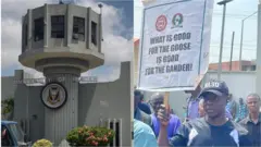 Aworan iloro fasiti Ibadan ati aworan awọn oluwọde to n wọde. oluwọde to wa ninu fọto apa ọtun gbe patako alakọle kan dani.