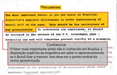 Trecho de documento apontando estratégia dos EUA sobre o programa nuclear brasileiro. O texto diz que, para os americanos, a estratégia era usar a rivalidade entre o Brasil e a Argentina para fazer o Brasil abrir mão de parte de seu programa.