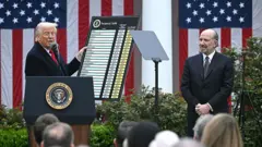 Donald Trump mostra um quadro com as tarifas impostas sobre importações de cada país