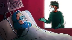 covid19, muslim, kremasi, Illustration of a nurse wearing a face mask next to a patient who is being given oxygen