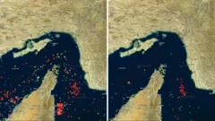 හෝමුස් සමුද්ර සන්ධියේ සැටලයිට් ෆොටෝ දෙකක් මෙහි ඇති අතර එකක ඉරාන යුද්ධය ආරම්භයට පෙර නැව් මාර්ගය කාර්යබහුලව පවතින අකාරයටැහැ අනෙක් ෆොටෝ එකේ දැන් එම නැව් මාර්ගය පාළු ස්වභාවයක් ගෙන ඇති ආකාරයත් පෙනේ.