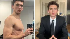 Fotos de Steven Ableman: à esquerda, sem camisa, e à direita, de terno e gravata