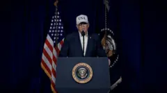 Una captura de pantalla de un video publicado en la cuenta de Truth Social del presidente estadounidense Donald Trump lo muestra pronunciando unas declaraciones sobre las operaciones de combate contra Irán el 28 de febrero de 2026. Lleva un traje azul marino y una gorra blanca con el logotipo de EE. UU. UU., con la bandera estadounidense y la bandera presidencial visibles al fondo.