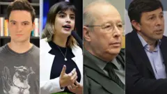 Montagem com retratos de Felipe Melo, Tabata Amaral, Celso de Mello e João Amôedo