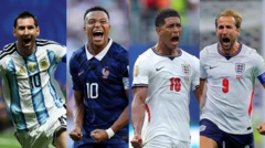 Montagem com fotos de Messi, Mbappé, Jude Bellingham e Harry Kane.
