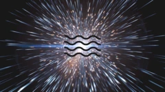 Ilustração de feixes de luz representando o cosmos, combinados com um símbolo de ondas