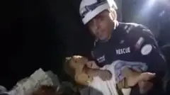 Uno de los rescatistas jordanos, con el niño en brazos, mientras lo saca de los escombros.