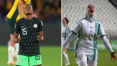 Foto mix celebrations of Nigeria captain [left] Rasheedat Ajibade and Lina Boussaha [right] of Algeria 