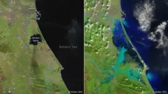 Antes e depoisdicas pixbet hojeimagemdicas pixbet hojesatélite da regiãodicas pixbet hojeValência mostram água tomando conta 