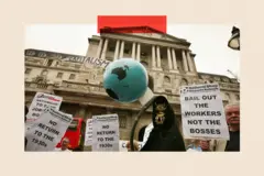 Una figura de la muerte personificada sostiene un globo terráqueo atravesado por una guadaña frente al Banco de Inglaterra durante una protesta el 13 de octubre de 2008 en Londres.