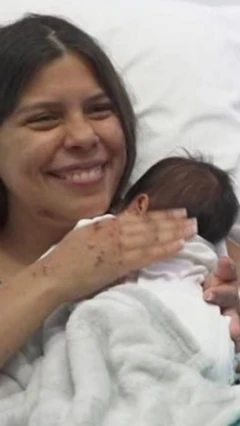 Una mujer recostada en una cama, sonríe mientras sostiene a un bebé contra su pecho. El bebé está envuelto en una frazada blanca y tiene pelo negro