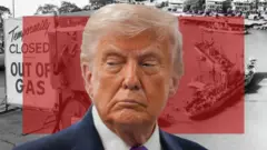 A composite image with US President Donald Trump prominent in the front and black-and-white pictures in the background of the Suez Canal being blocked by ships and a sign from 1973 oil crisis showing a petrol station out of gas. 