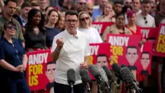 Andy Burnham speaks as he celebrates his victory in yesterday's Makerfield by-election, at Ashton Town Football Club, on June 19, 2026 