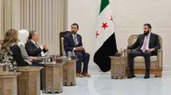 رئيس المرحلة الانتقالية في سوريا أحمد الشرع خلال لقاء في قصر الشعب مع رجل الأعمال جوناثان باس
