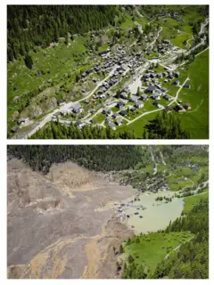Uma composição de duas imagens mostrando a vila de Blatten fotografada em 23 de maio de 2025 (acima) e no mesmo dia após uma grande avalanche desencadeada pelo colapso da geleira Birch, em 29 de maio de 2025 (abaixo)