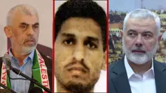 قادة حماس اسماعيل هنية ومحمد الضيف ويحيى السنوار