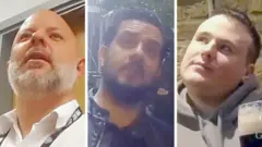 Montagem com imagens de câmera oculta mostrando três pessoas: à esquerda, o sargento Joe McIlvenny, homem de cabeça raspada e barba grisalha, de uniforme policial e crachá no pescoço; ao centro, o policial Martin Borg, homem de cabelo e barba escuros, de jaqueta de couro; à direita, o policial Phil Neilson, homem de cabelo castanho curto, de moletom cinza, em um pub com uma caneca de Guinness à sua frente.