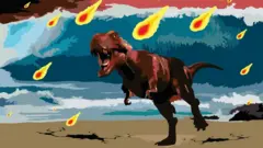 Ilustración de un dinosaurio bajo una lluvia de rocas tras el impacto del asteroide