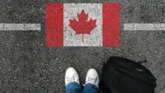 Person in front of a picture of a Canadian flag