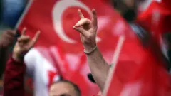 Close up of hands making wolf salute gesture