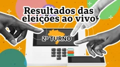 Montagem de urna eletrônica com mãos prontas a digitar em fundo colorido