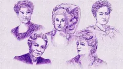 Dessin à l'encre des cinq femmes compositrices : Florence B Price, Marianna Martines, Augusta Holmès, Leokadiya Kashperova et Johanna Müller-Hermann