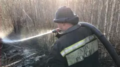 Пожарный тушит торфяник