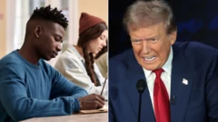 A black student writing with Trump by di side on red tie and opened mouth