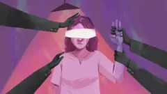 Illustration of blindfolded woman under lamp having her body touched and hands held whilst making the three finger salute.