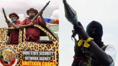 Awọn ẹṣọ Amotekun to gbe ibọn dani wa ni apa osi, agbeṣumọmi to gbe ohun ija oloro dani wa ni apa ọtun