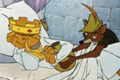 Cena do desenho 'Robin Hood' da Disney, mostrando Robin retirando um saco de ouro dos braços do príncipe João, enquanto ele dorme