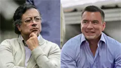 El presidente de Colombia, Gustavo Petro (izq.), durante la promulgación de la nueva ley laboral en el museo Quinta de Bolívar en Bogotá, lleva una camisa azul y un suéter verde, y el presidente de Ecuador, Daniel Noboa, con una camisa azul. 